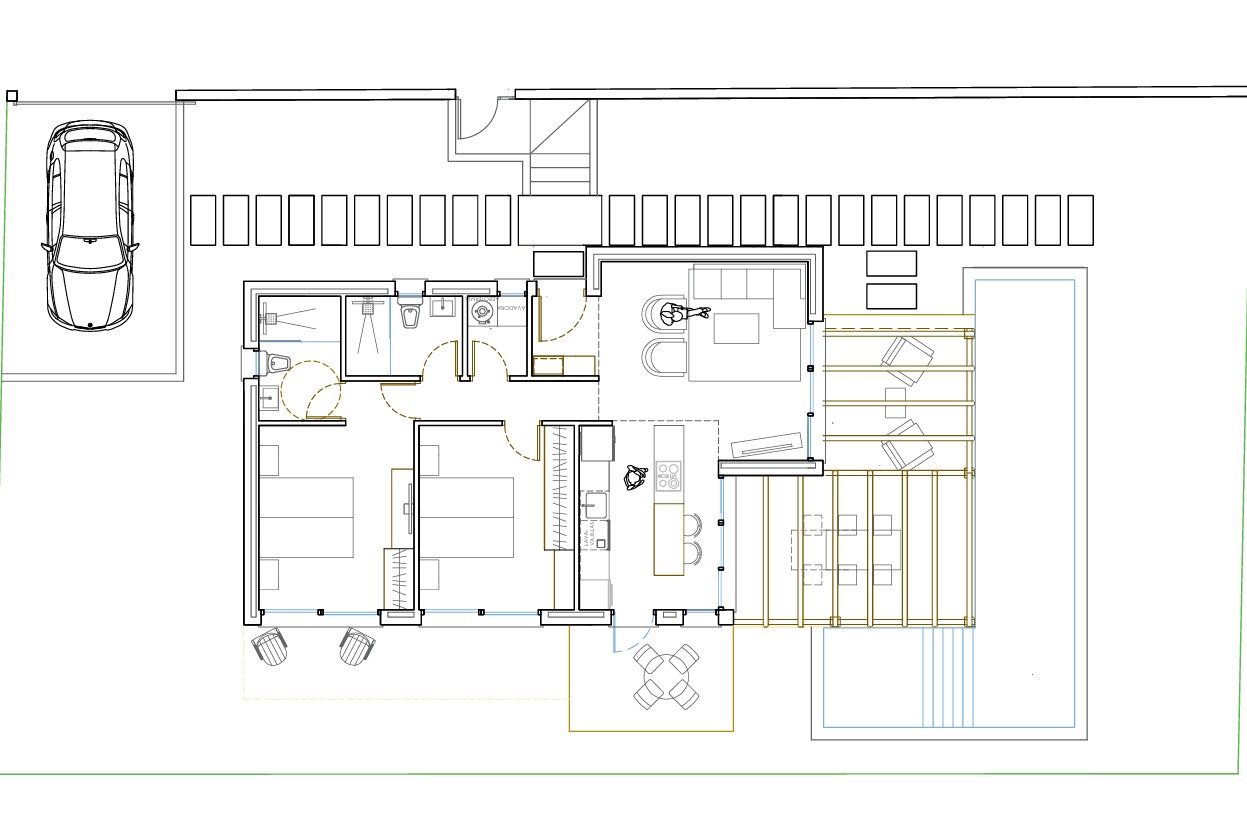 Plan d'architecte du modèle Tiny présentant deux chambres, deux salles de bains, une cuisine ouverte avec îlot et une terrasse extérieure avec pergola et piscine.