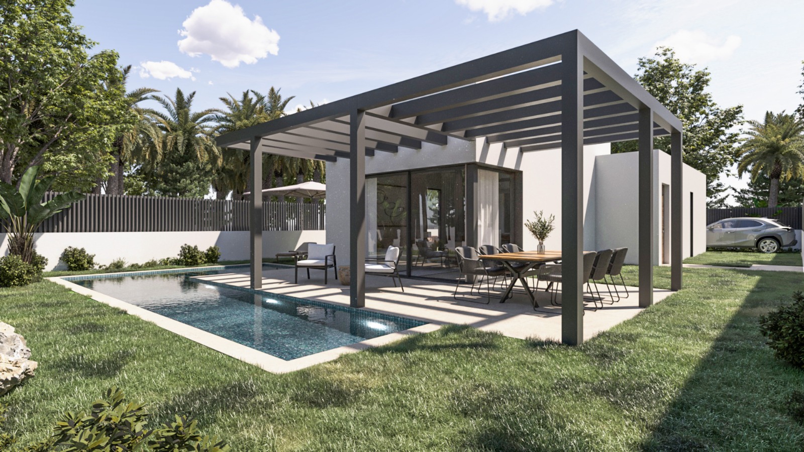 Terrasse extérieure avec pergola en aluminium anthracite, coin repas et piscine privée, entourée d'un jardin avec pelouse et palmiers.