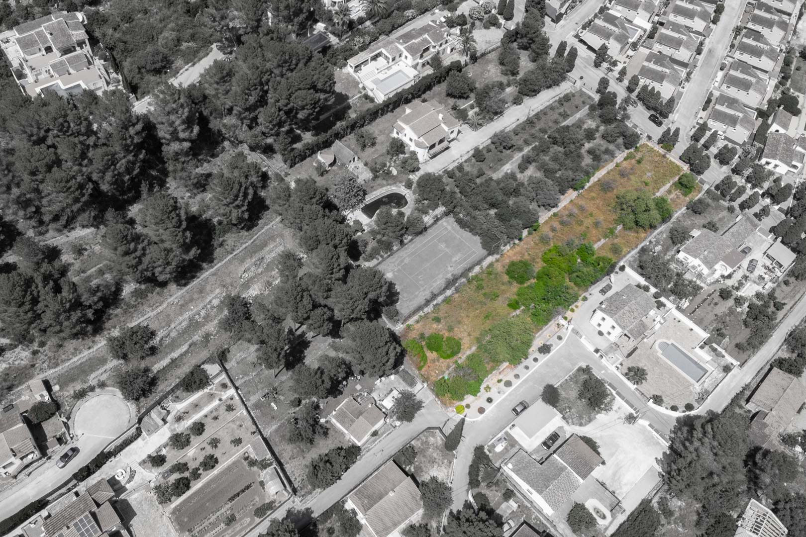 Vue aérienne mettant en évidence l'emplacement de la parcelle à Alcalalí, entourée de végétation méditerranéenne et de résidences avec piscines et courts de tennis.
