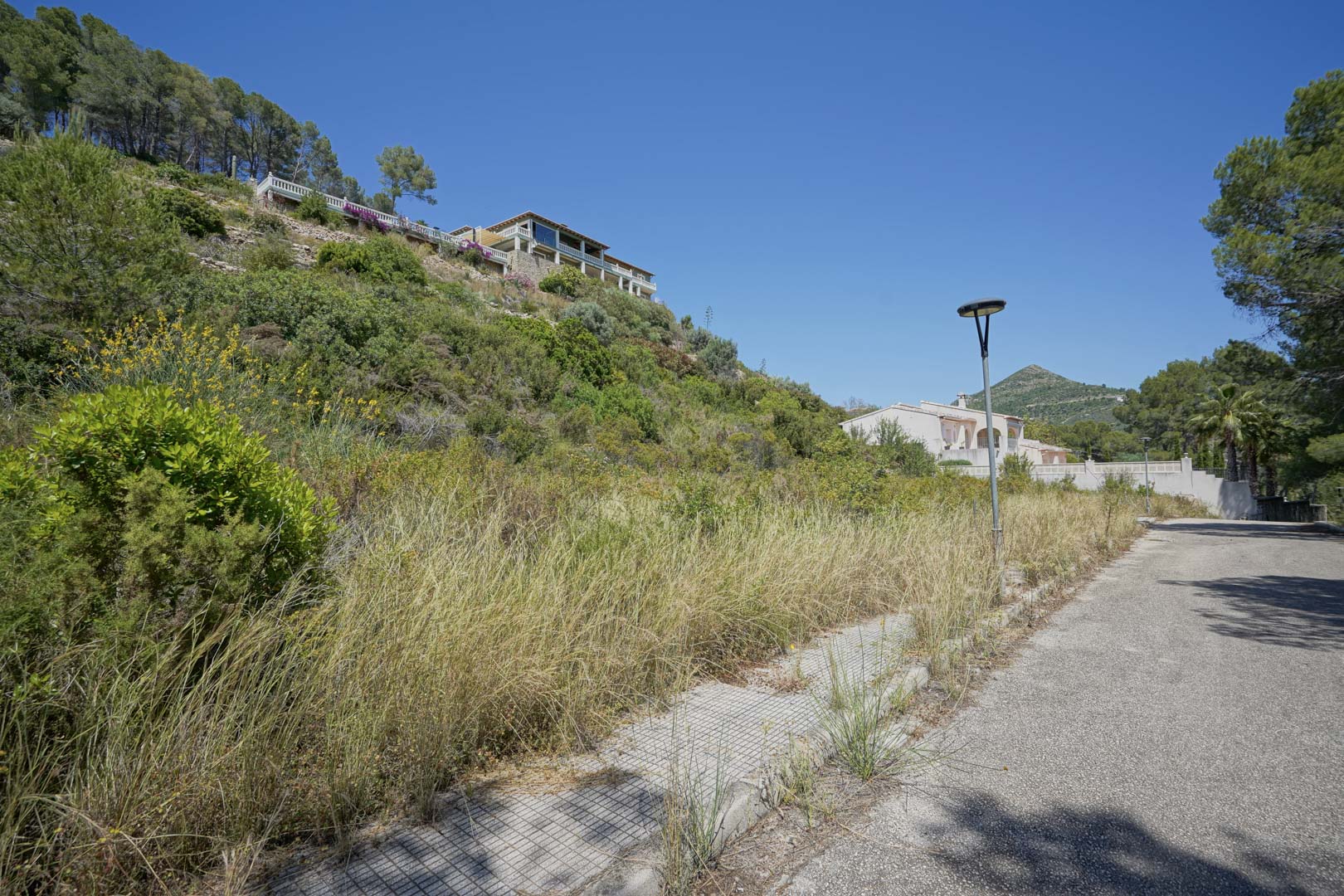 Vue d'un terrain à bâtir surélevé à Alcalalí, avec accès asphalté, trottoirs et éclairage public, entouré de végétation méditerranéenne et de villas en surplomb.