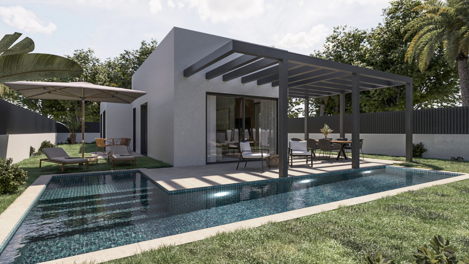 Vue extérieure avec piscine en L, pergola métallique sombre pour les repas en plein air et architecture minimaliste grise intégrée dans un jardin paysager.