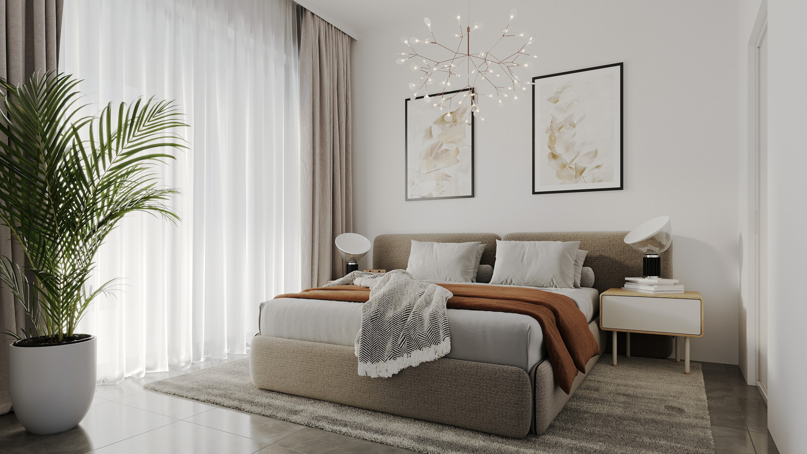 Chambre moderne avec lit rembourré, lustre design et grandes baies vitrées offrant une luminosité naturelle exceptionnelle.