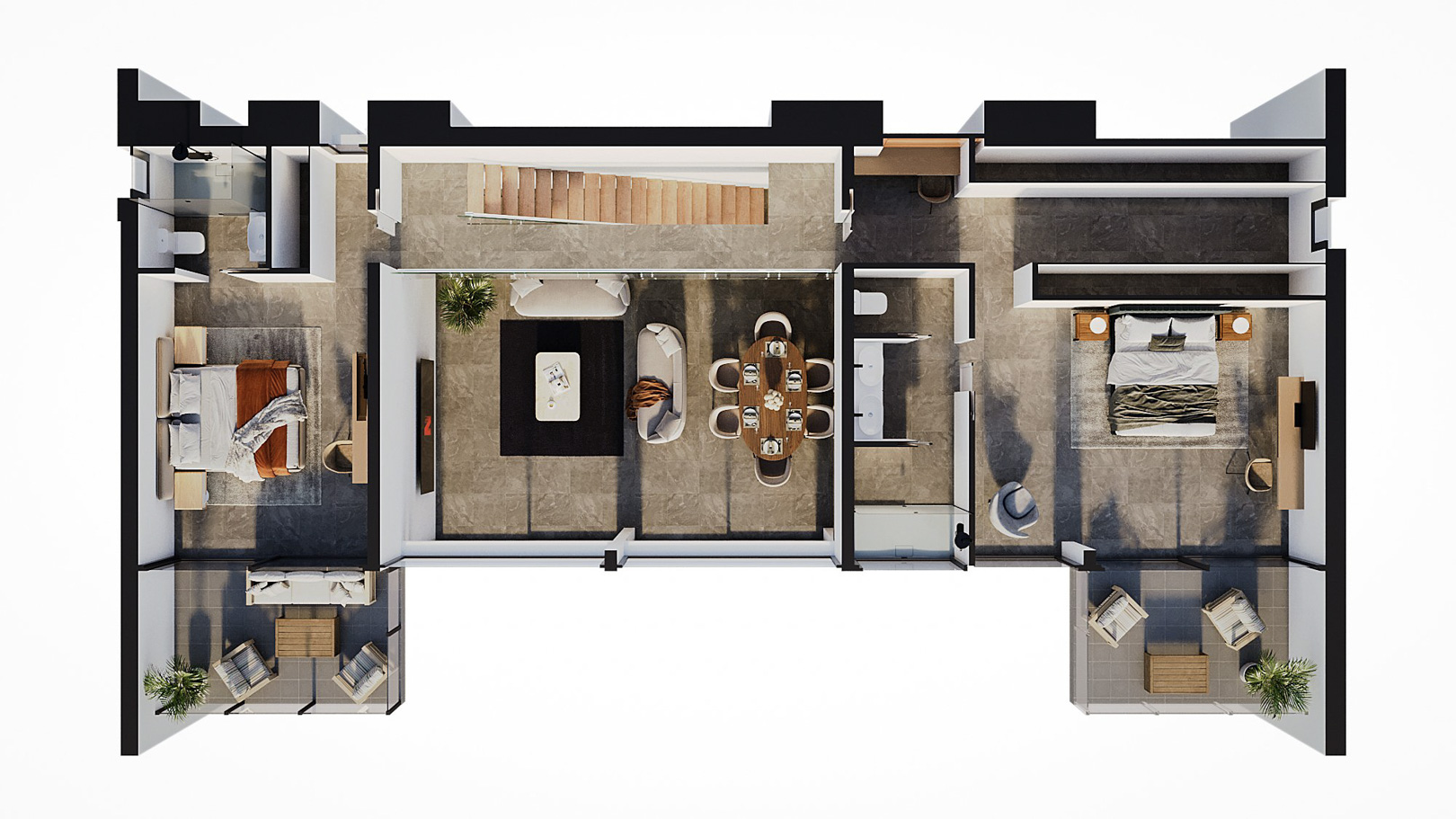 Plan 3D de l'étage supérieur comprenant deux chambres en suite, des terrasses privées, un dressing et un salon central avec un sol en grès cérame grand format.