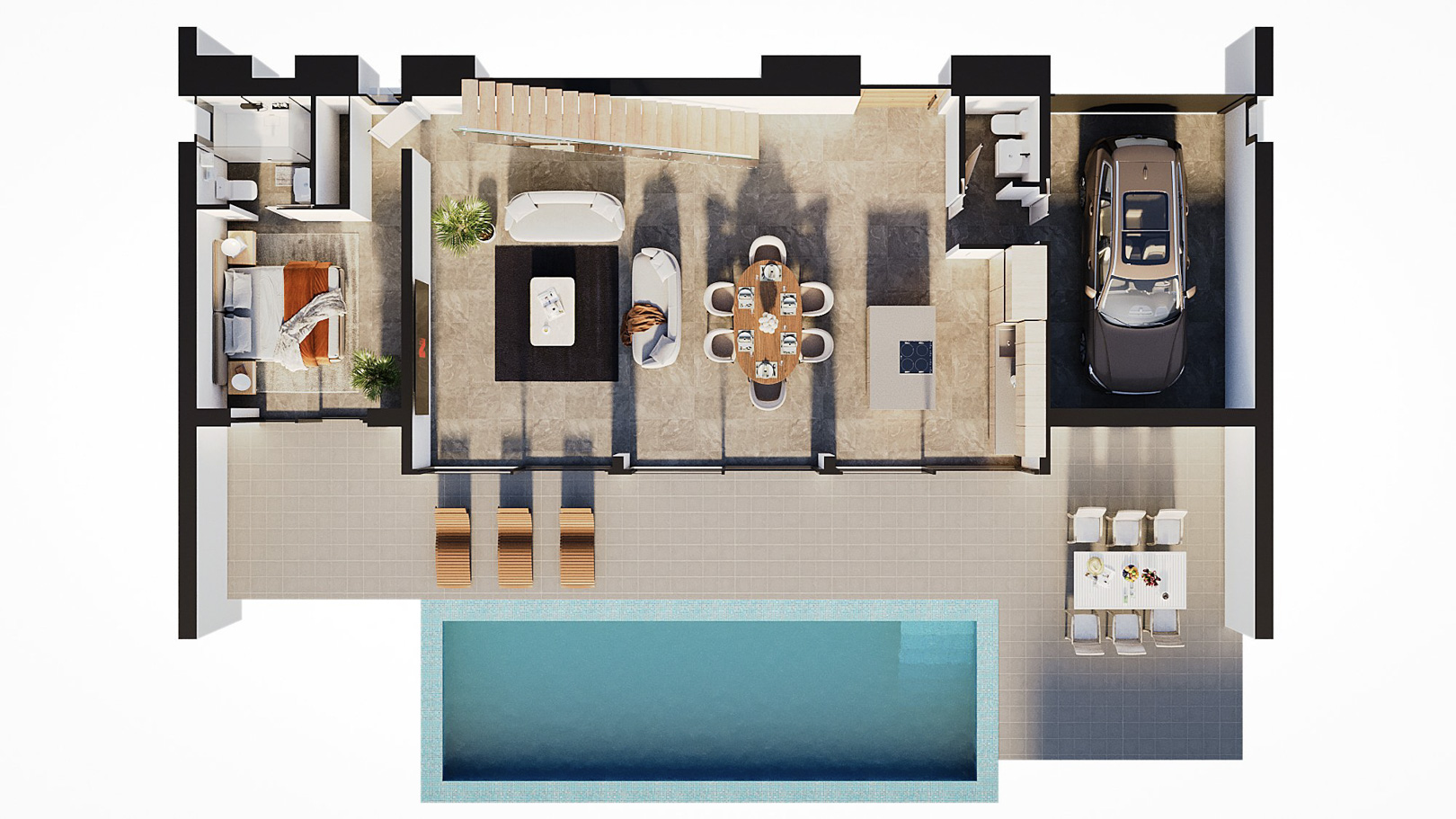 Plan 3D du rez-de-chaussée illustrant le salon-salle à manger, la cuisine avec îlot, une chambre avec salle de bain, le garage et la terrasse avec piscine.