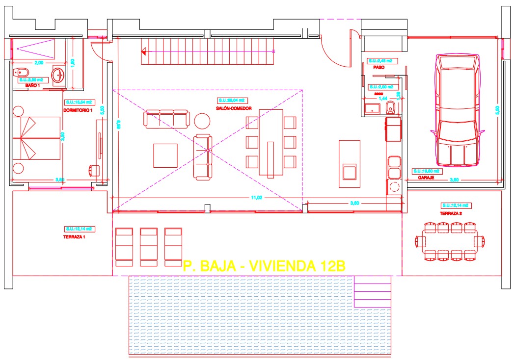 Plan détaillé du rez-de-chaussée illustrant le séjour-salle à manger de 68 m², la cuisine ouverte, une chambre avec salle de bain attenante, le garage et les terrasses.