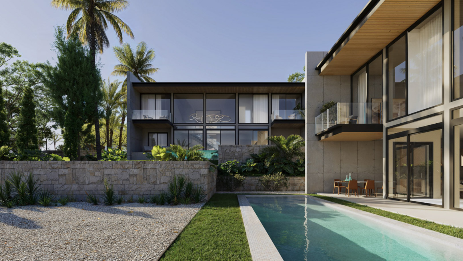 Façade moderne avec de grandes baies vitrées, piscine rectangulaire et murs en pierre naturelle entourés d'un jardin méditerranéen avec palmiers.