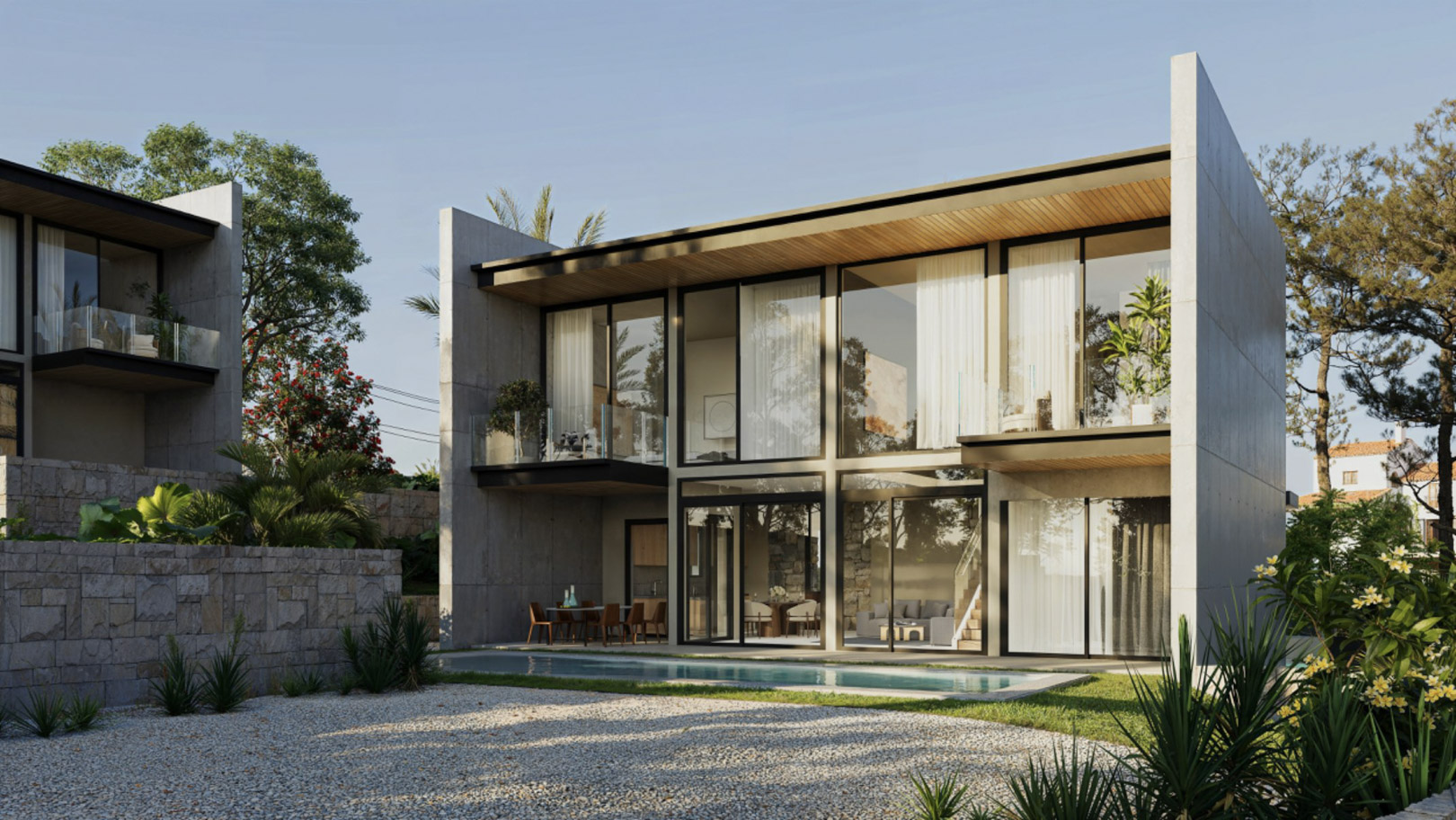 Façade moderne en béton et verre avec de larges baies vitrées, des balcons privés et une piscine rectangulaire entourée d'un jardin méditerranéen et de murs en pierre.