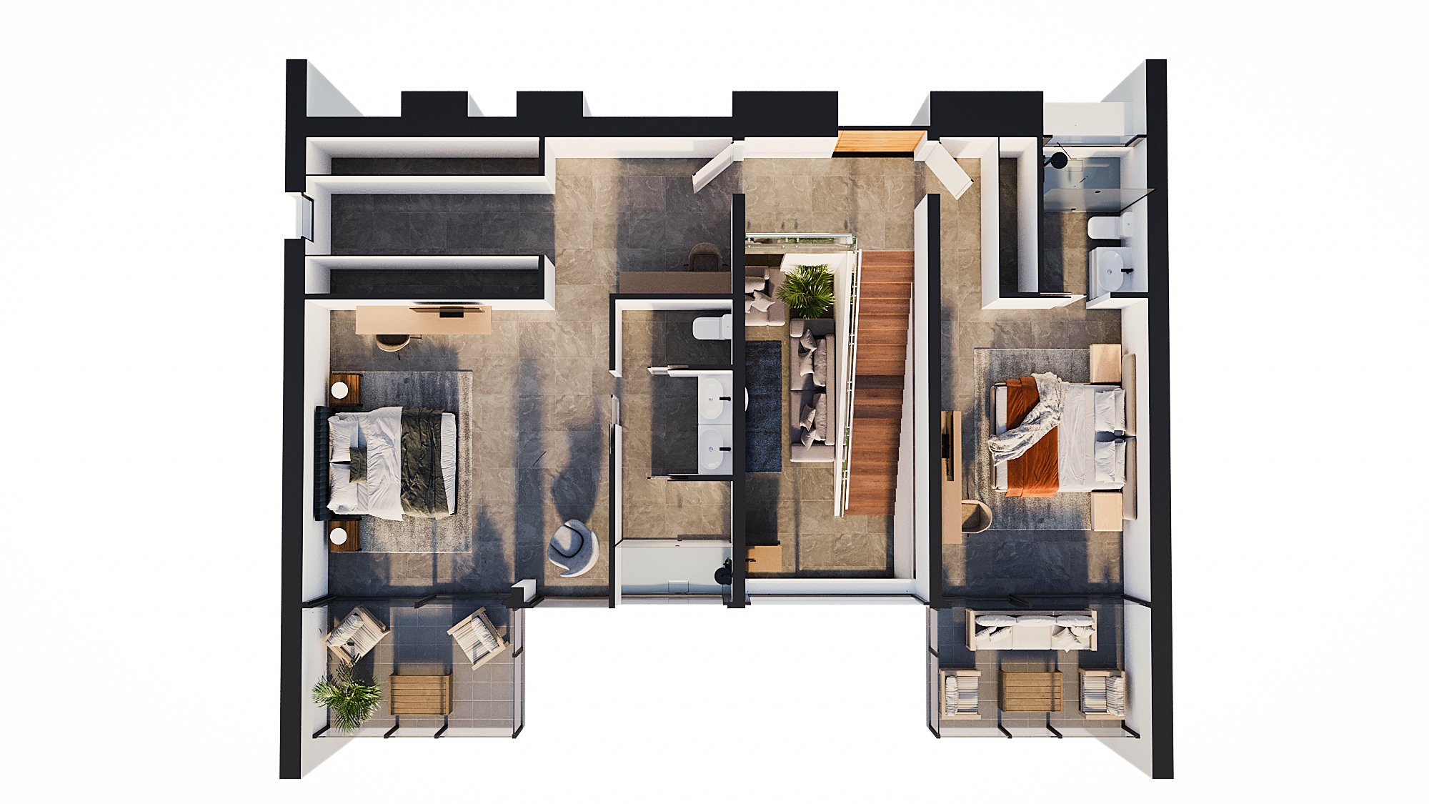 Plan 3D de l'étage supérieur comprenant deux chambres avec salles de bains attenantes, un grand dressing, un escalier en bois et des terrasses privées aménagées.