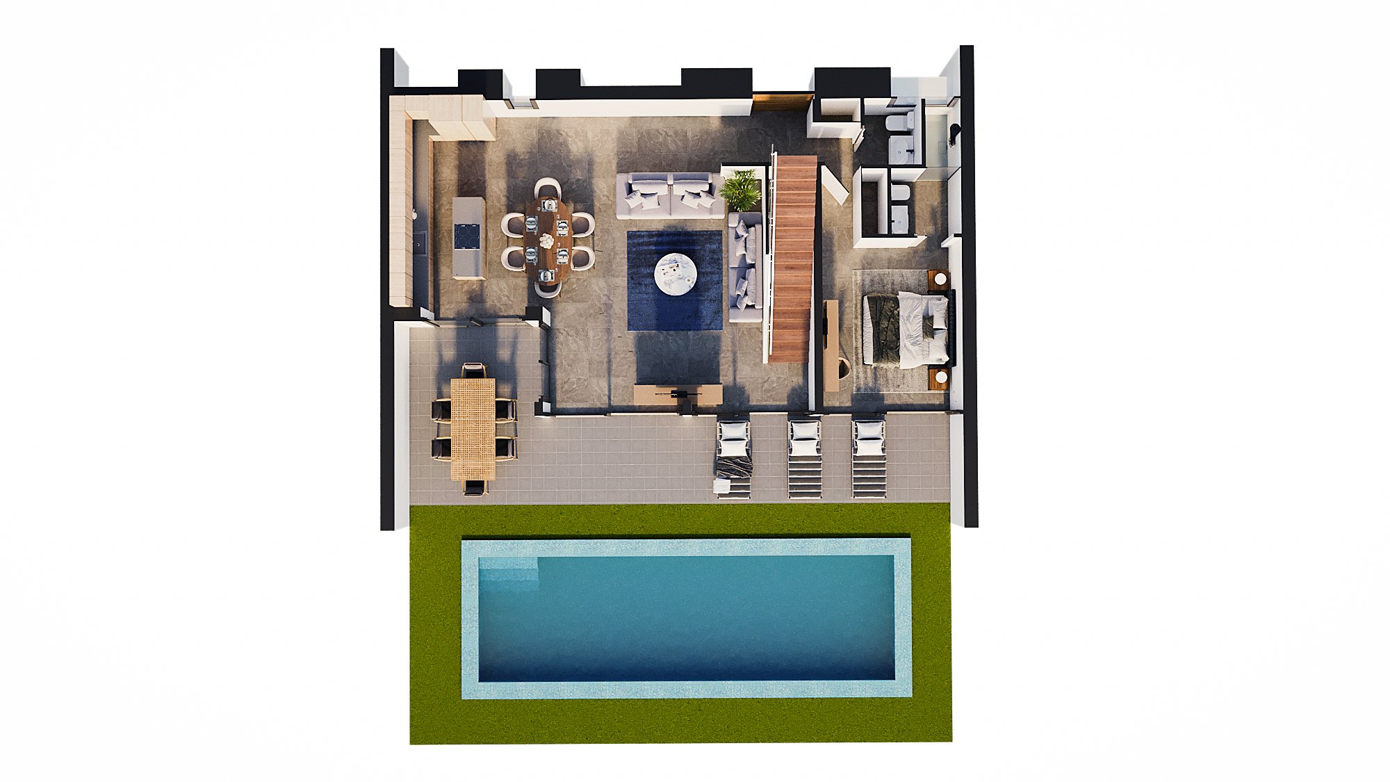 Plan 3D du rez-de-chaussée présentant le séjour ouvert, la cuisine avec îlot, une chambre avec salle de bain, la terrasse et la piscine rectangulaire.