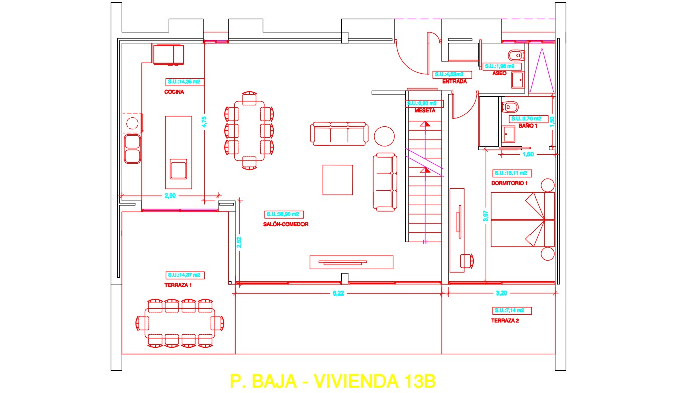 Plan détaillé du rez-de-chaussée montrant l'agencement du salon-salle à manger, de la cuisine avec îlot, d'une chambre avec salle de bain attenante et des terrasses.