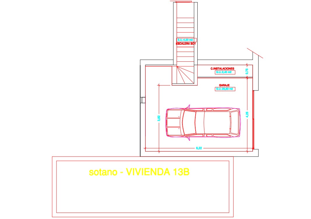 Plan technique du sous-sol comprenant un garage de 26,83 m², un local technique et un escalier menant directement à l'étage principal.