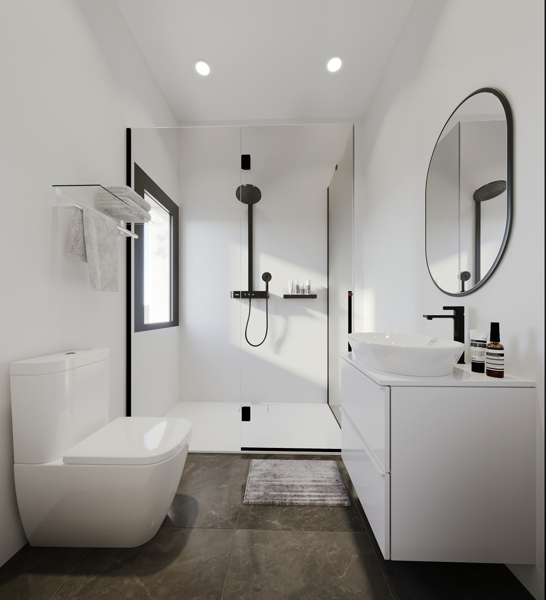Salle de bains moderne avec douche à l'italienne, robinetterie noire mate, meuble vasque suspendu blanc et carrelage au sol en grès cérame foncé.