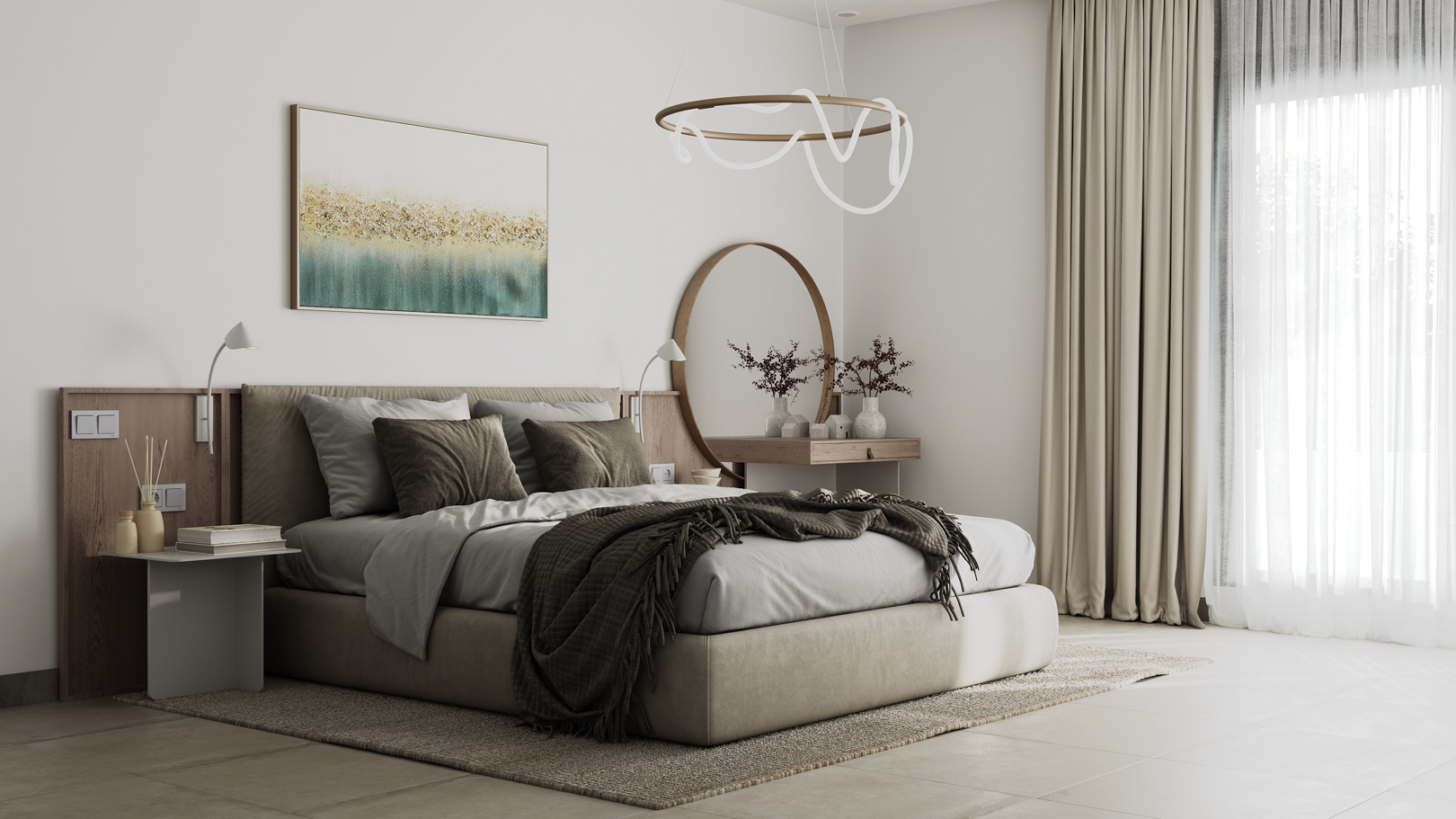 Chambre principale moderne avec tête de lit en bois intégrée, coiffeuse avec miroir circulaire et grandes baies vitrées laissant entrer la lumière naturelle.