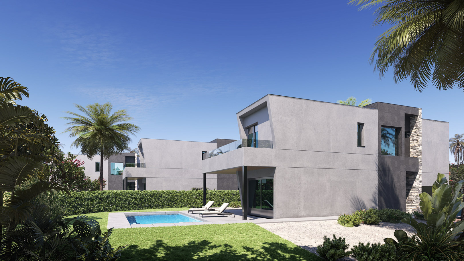 Extérieur de la villa moderne avec façade grise, piscine privée et terrasse couverte. L'architecture contemporaine intègre des détails en pierre et un jardin paysager.