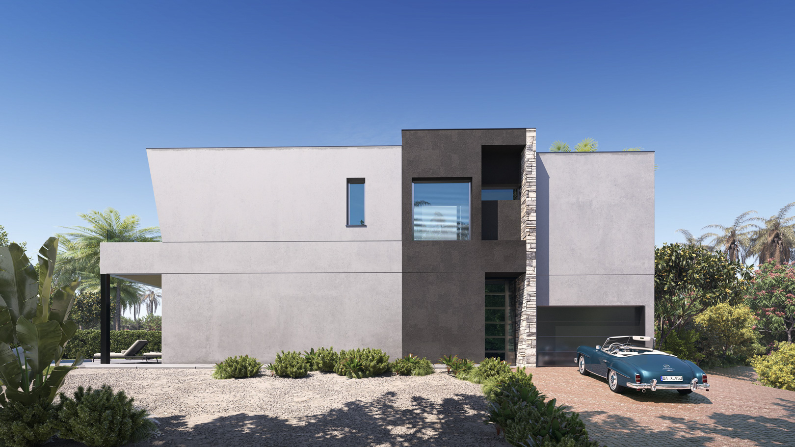 Façade moderne aux lignes géométriques avec des accents en pierre naturelle. Comprend un garage intégré et un jardin méditerranéen avec gravier et palmiers.