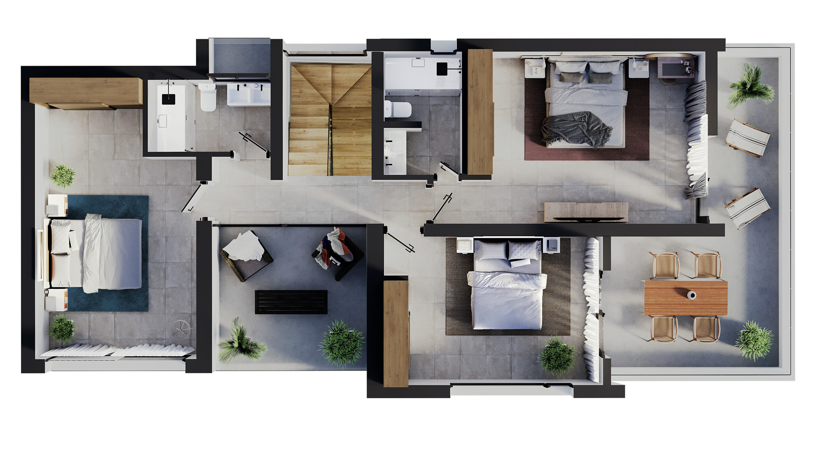Plan 3D du premier étage présentant trois chambres, deux salles de bains, un escalier en bois et de vastes terrasses avec coins repas et détente.