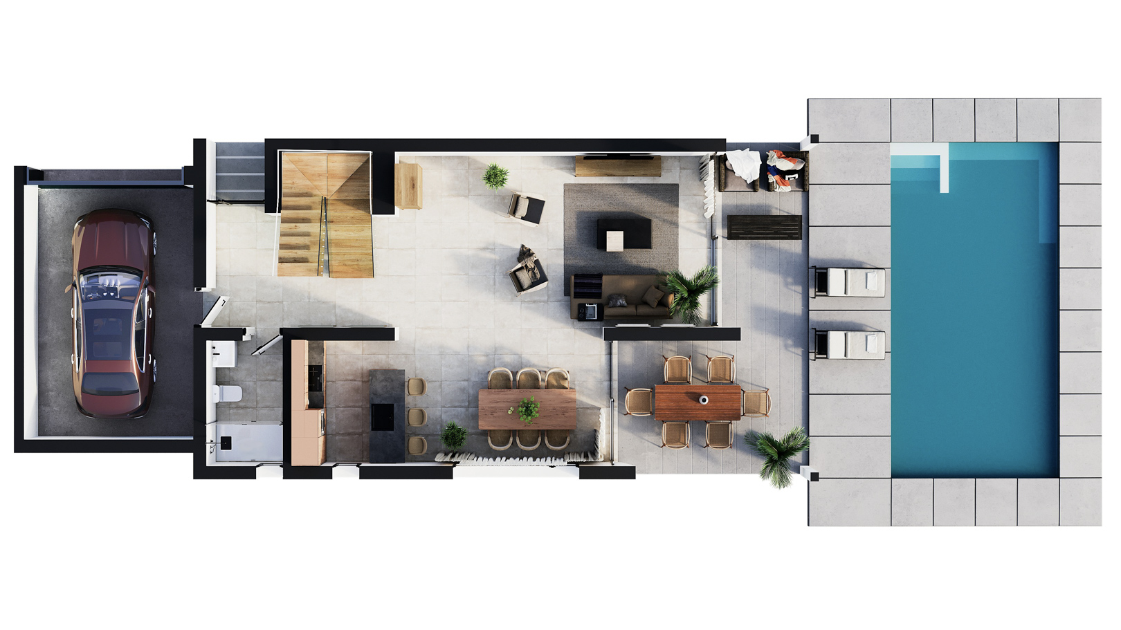 Plan 3D du rez-de-chaussée présentant l'espace de vie ouvert, la cuisine avec îlot, le garage et la terrasse extérieure avec piscine privée.