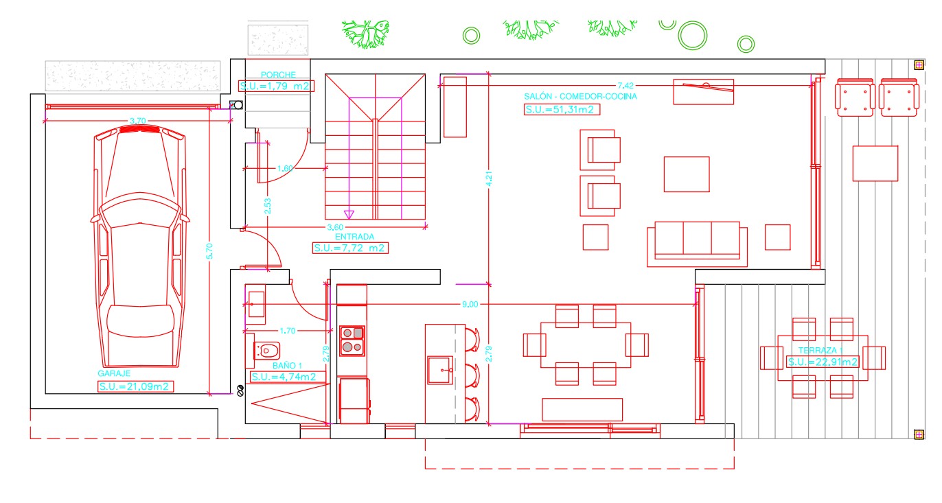 Plan du rez-de-chaussée illustrant un séjour-cuisine ouvert de 51,31 m², un garage privé et une terrasse spacieuse de 22,91 m² pour la vie en extérieur.