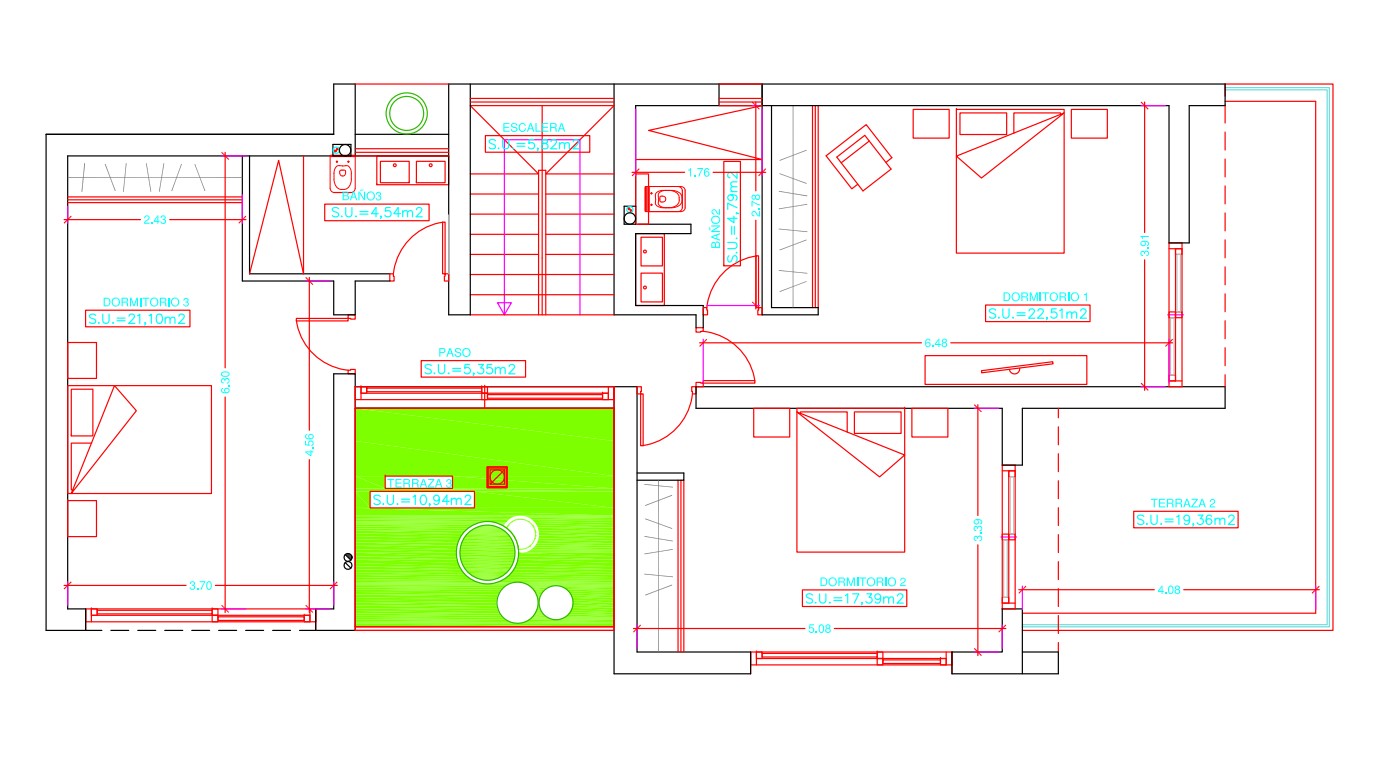 Plan technique de l'étage supérieur illustrant trois chambres spacieuses, deux salles de bains et deux terrasses, dont une suite parentale de 22 m².