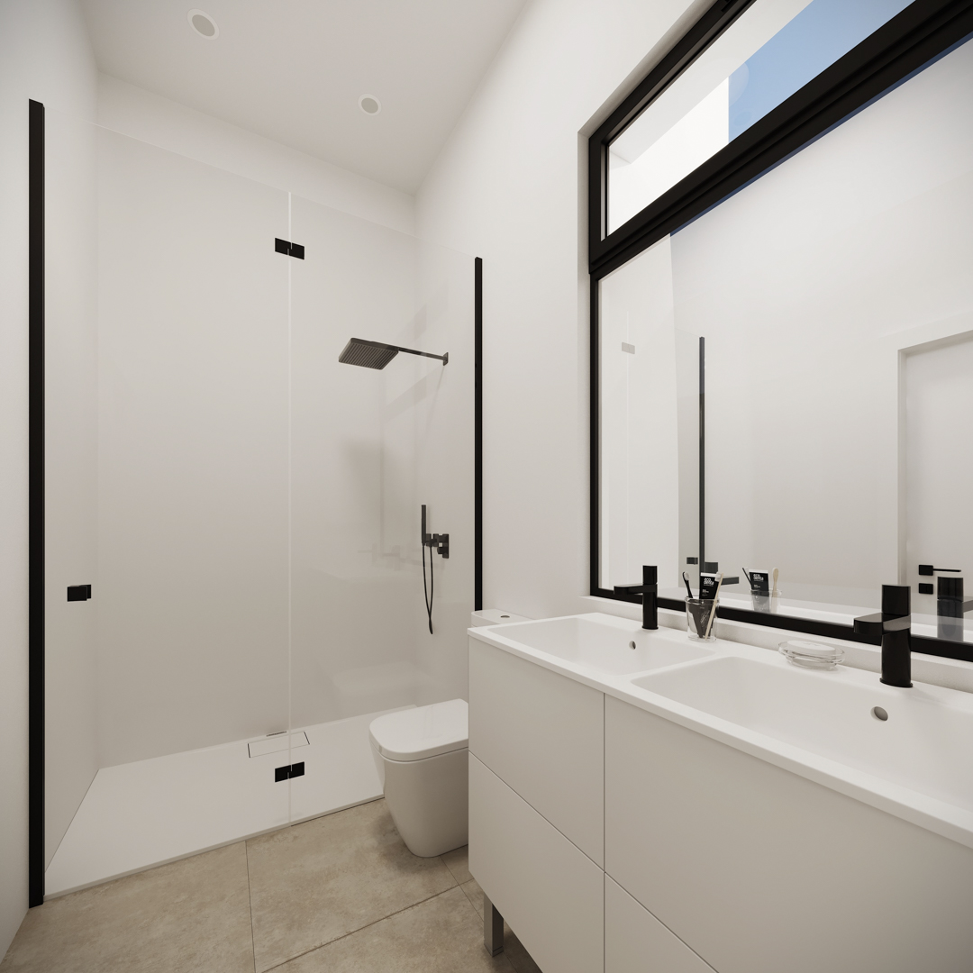 Salle de bains moderne avec meuble double vasque blanc, robinetterie noire mate et douche à l'italienne. Carrelage de sol neutre et éclairage encastré minimaliste.