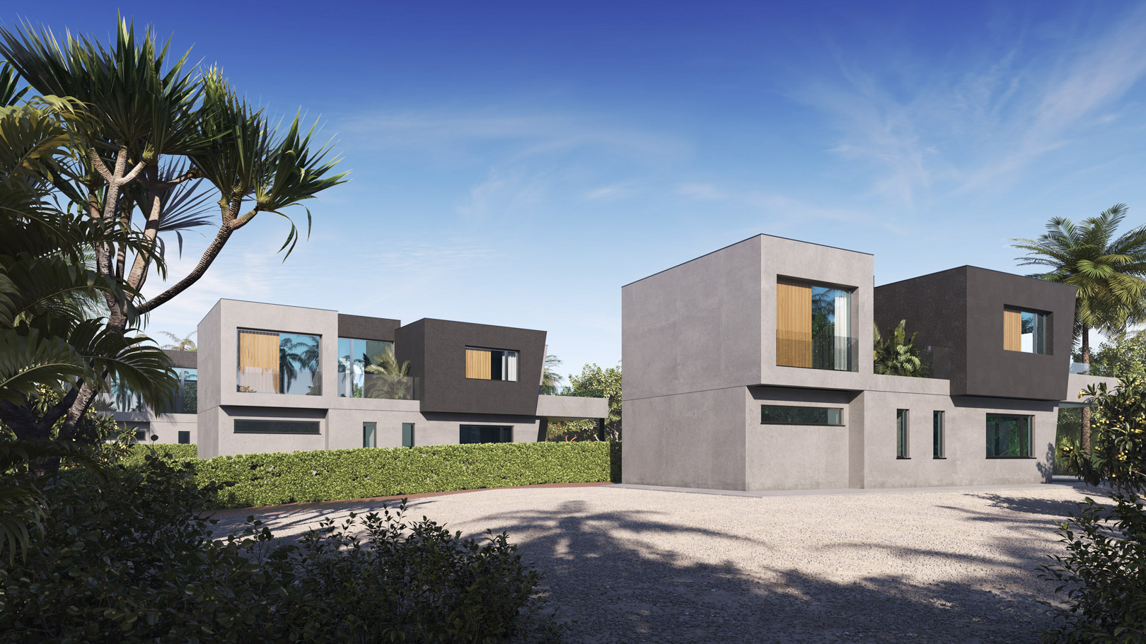 Vue extérieure des trois villas modernes aux façades en béton et tons sombres, entourées de jardins méditerranéens et d'allées en gravier.