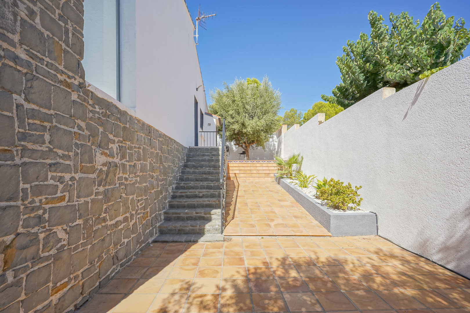 Entrée extérieure avec escalier en pierre naturelle, murs en maçonnerie et sol en terre cuite menant à un jardin méditerranéen avec un olivier.