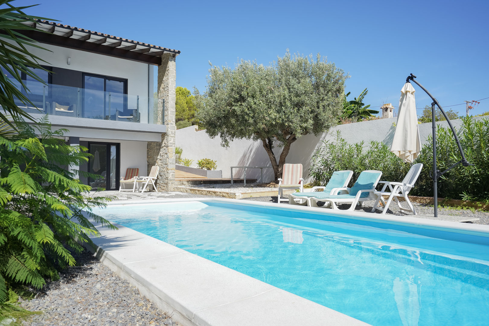 Espace piscine avec terrasse ensoleillée, transats, un olivier mature et la façade de la villa arborant des balustrades en verre et des piliers en pierre naturelle.