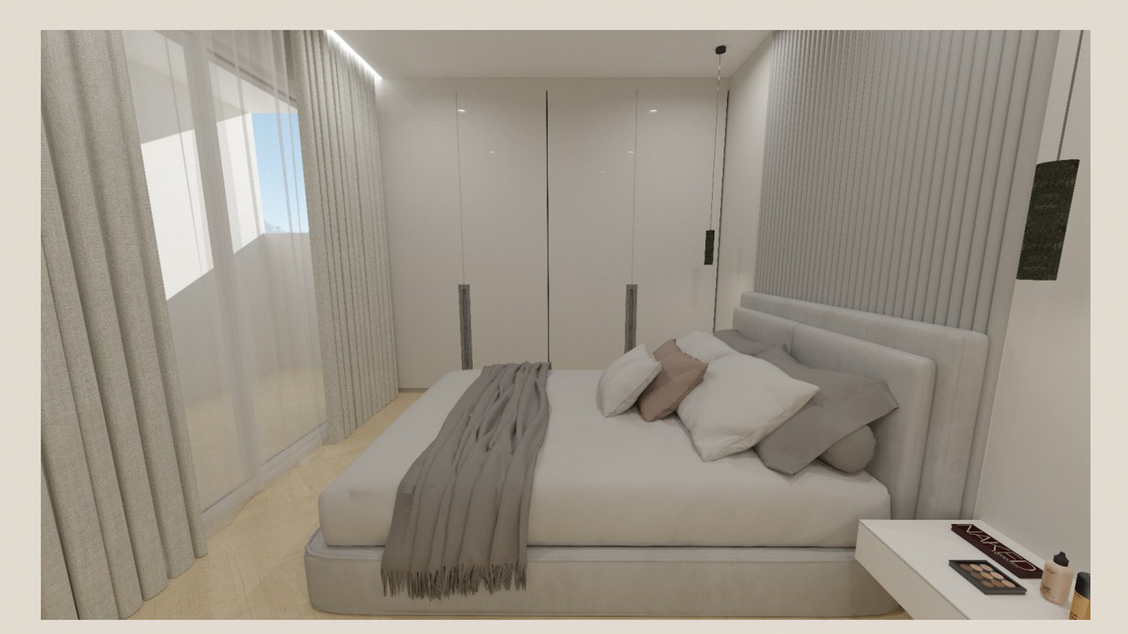 Chambre principale avec placards intégrés toute hauteur, mur d'accent à lattes verticales et accès direct à la terrasse par de grandes baies vitrées.