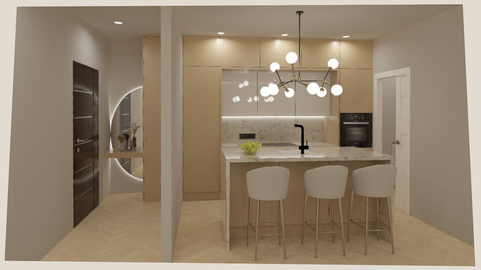 Cuisine ouverte avec îlot en marbre, menuiserie en bois clair et luminaire design, jouxtant un couloir avec miroir circulaire rétroéclairé.
