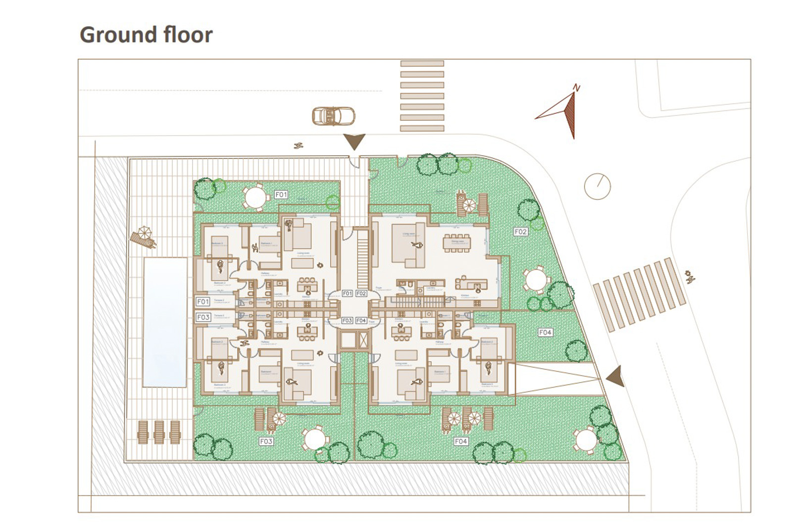 Plan architectural détaillé du rez-de-chaussée présentant la disposition de quatre appartements avec jardins privés et piscine commune.