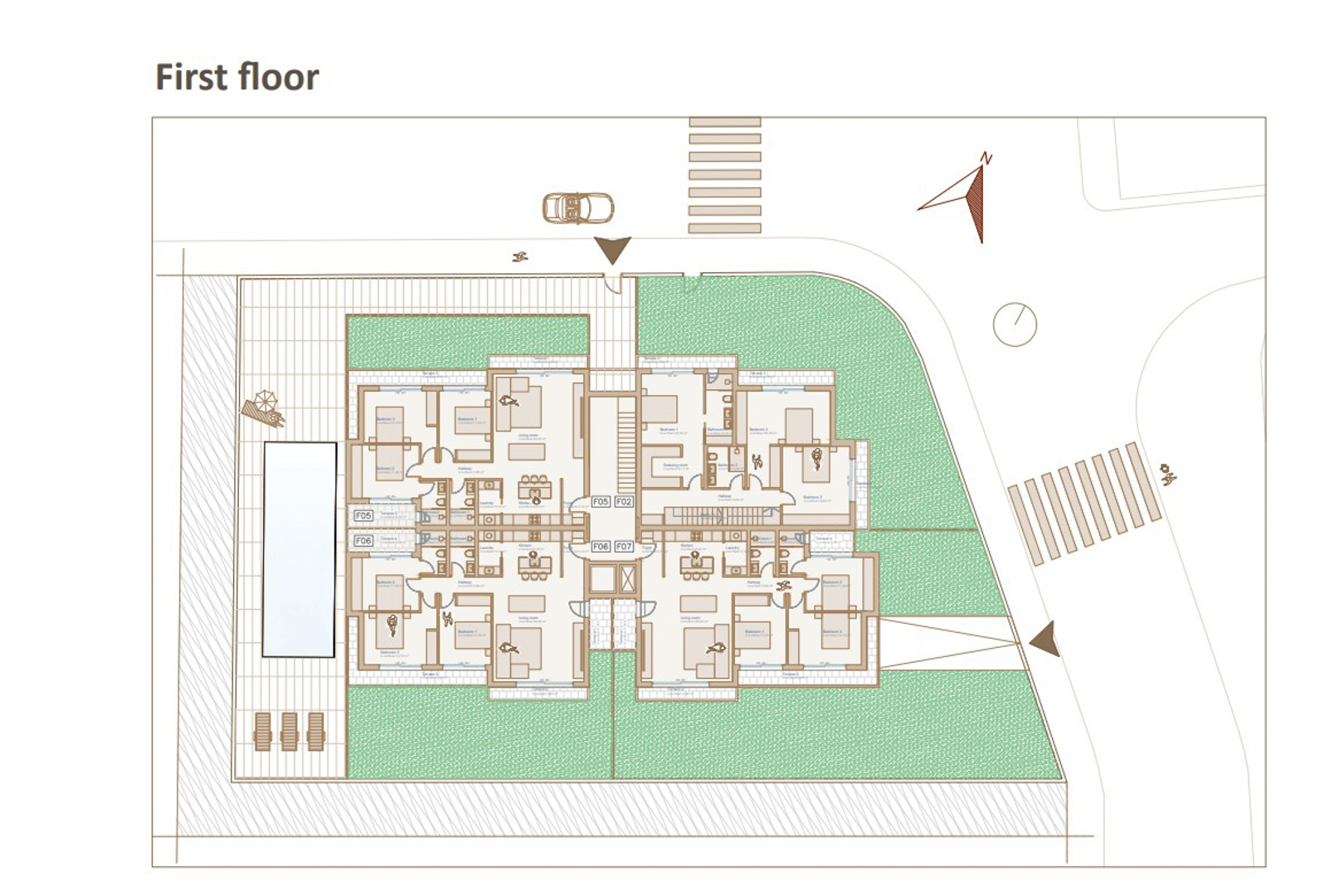 Plan architectural du premier étage illustrant la disposition de quatre appartements avec trois chambres, des espaces de vie ouverts et des terrasses privées.