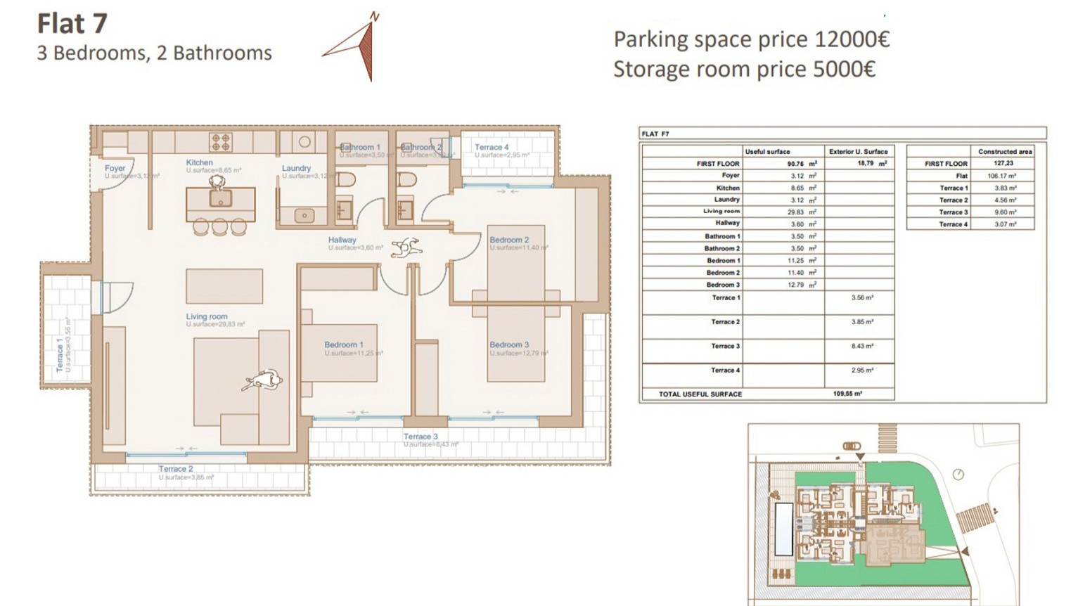 Plan d'architecte de l'appartement 7 illustrant trois chambres, deux salles de bains, une cuisine avec îlot et quatre terrasses pour une surface utile de 109,55 m².