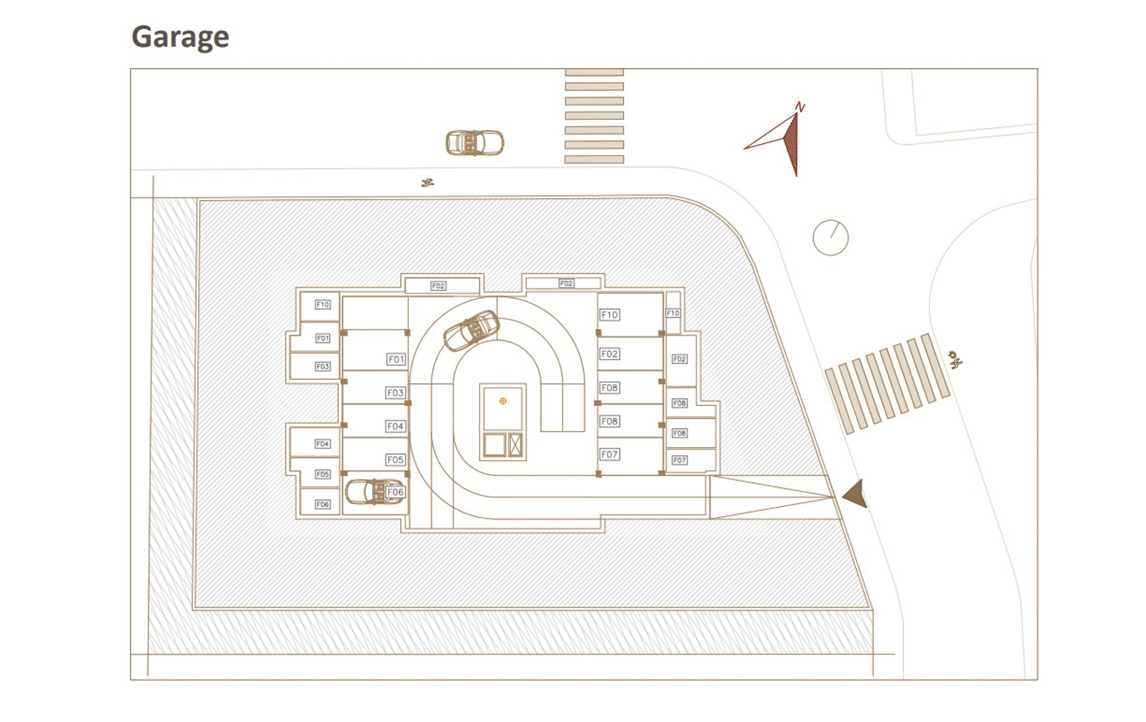 Plan technique du garage souterrain montrant la disposition des places de parking numérotées et la rampe d'accès depuis la rue.