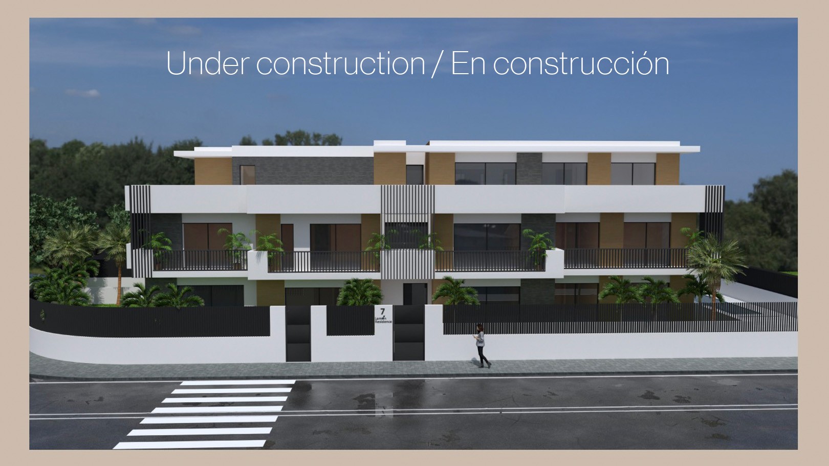 Rendu extérieur d'un bâtiment moderne avec façade blanche, accents en pierre grise et bois, présentant de larges terrasses et des finitions métalliques noires.