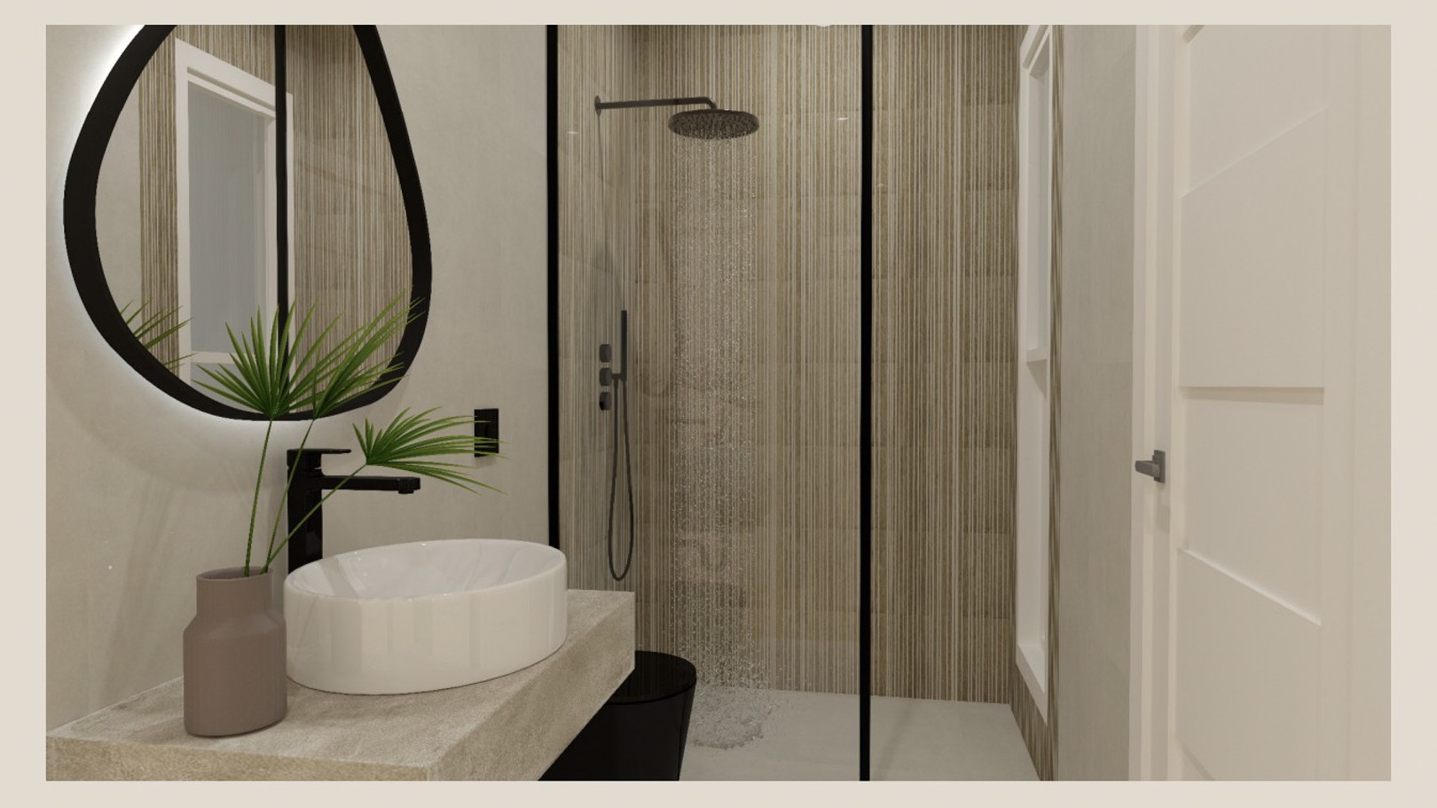 Salle de bain moderne avec vasque à poser sur plan en pierre, miroir rétroéclairé organique et douche à l'italienne avec carrelage texturé linéaire.