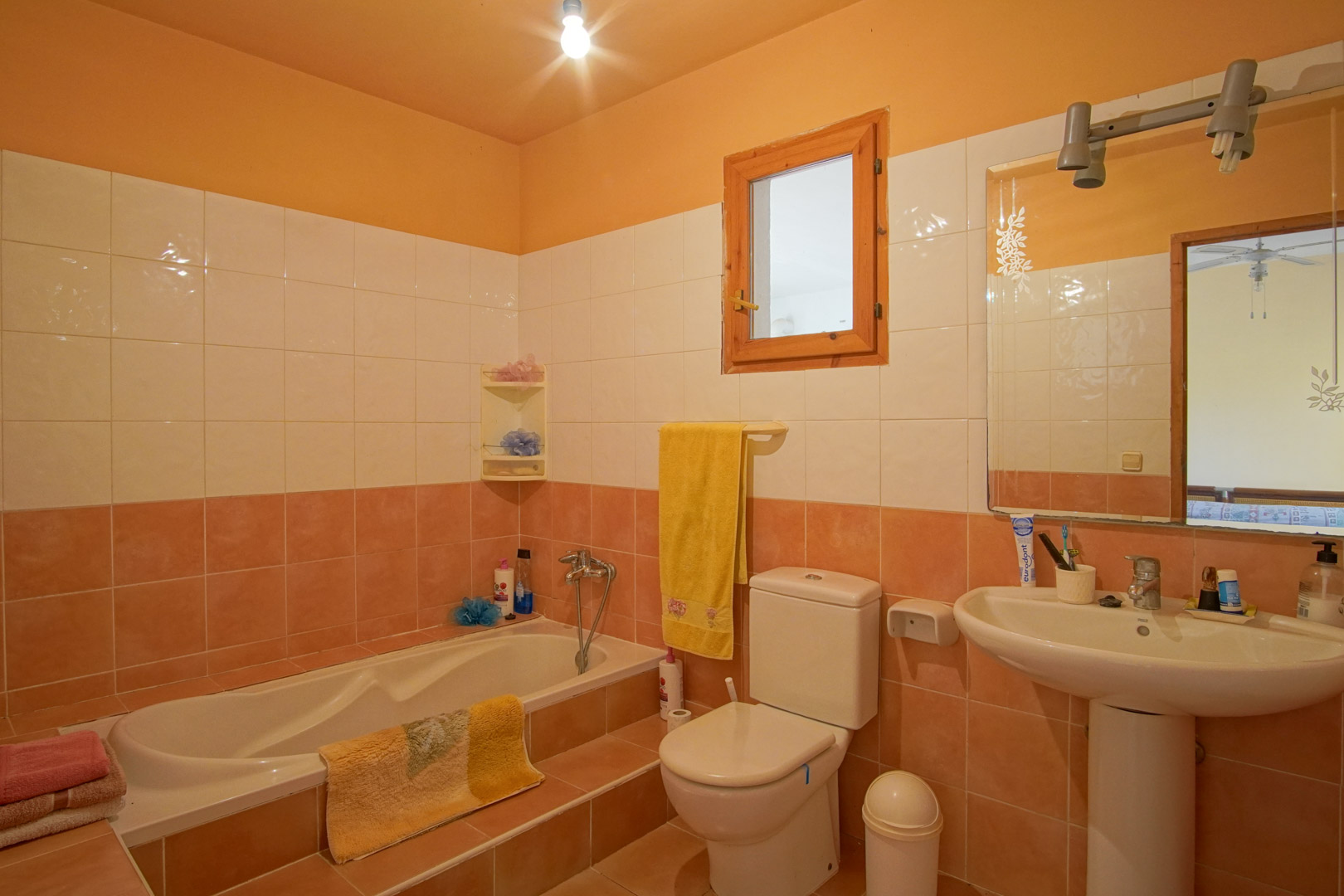 Salle de bain fonctionnelle avec carrelage bicolore, baignoire encastrée avec marche d'accès, lavabo sur colonne et fenêtre avec cadre en bois naturel.