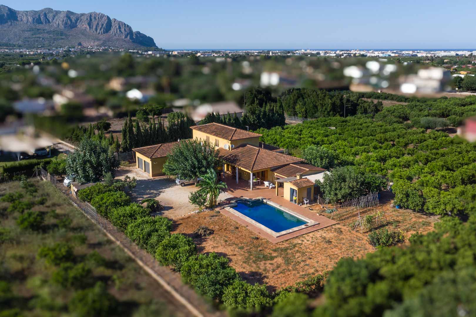 Vue aérienne de la villa avec piscine rectangulaire, entourée de vergers, offrant un panorama sur le mont Segaria et la côte méditerranéenne au loin.