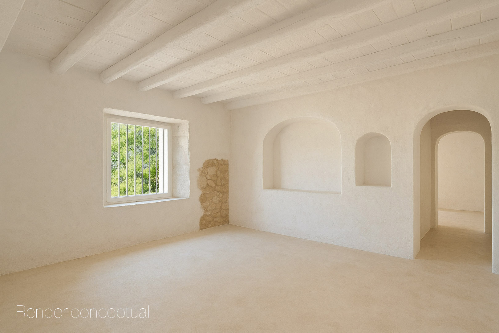 Espace intérieur ouvert avec poutres en bois blanches, niches murales intégrées et un pan de mur en pierre d'origine apparente.