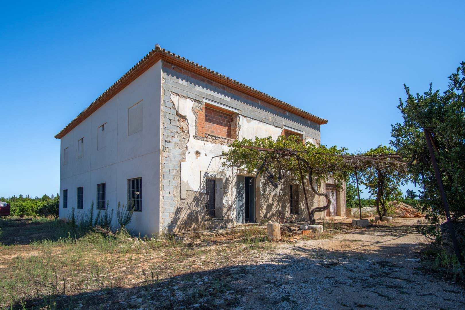 Maison de campagne sur deux niveaux en cours de rénovation, avec toiture traditionnelle, treille de vigne ancienne et structure saine sur un terrain plat.