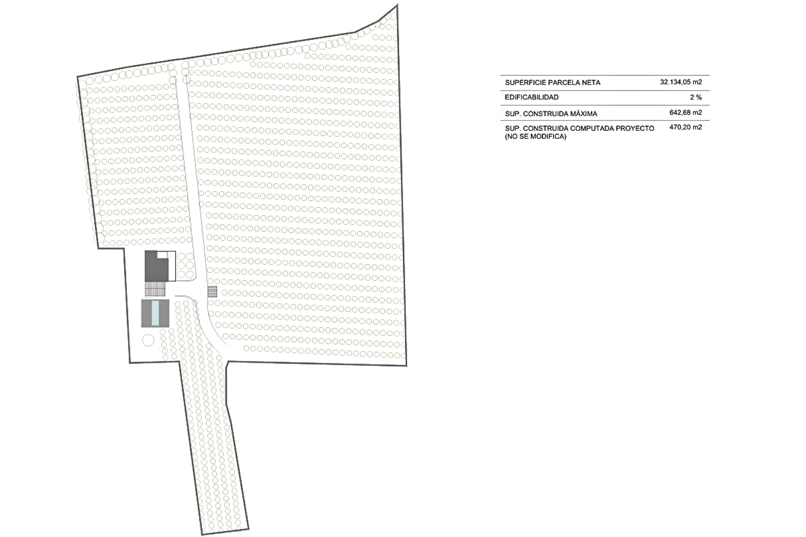 Plan technique de la parcelle de 32 134 m², détaillant le coefficient d'emprise au sol de 2% et une surface de construction maximale de 642,68 m².