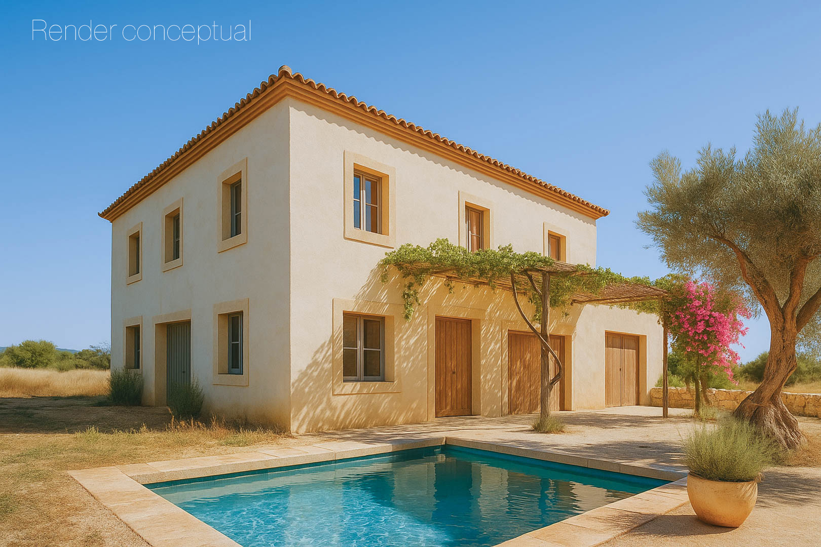 Rendu conceptuel d'une bastide méditerranéenne avec façade ocre, piscine rectangulaire et pergola en bois, entourée d'oliviers sous un ciel dégagé.