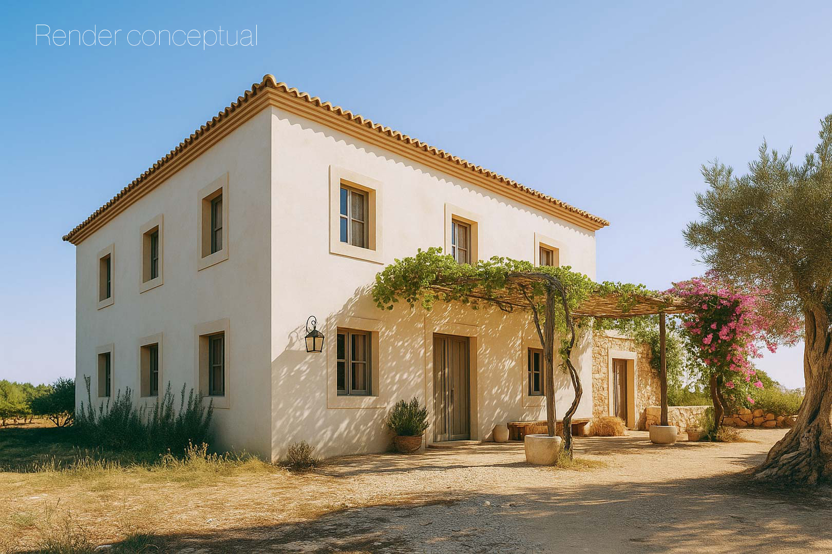 Rendu conceptuel d'une maison de campagne à deux étages avec façade crème, pergola végétalisée et oliviers, illustrant l'architecture méditerranéenne.