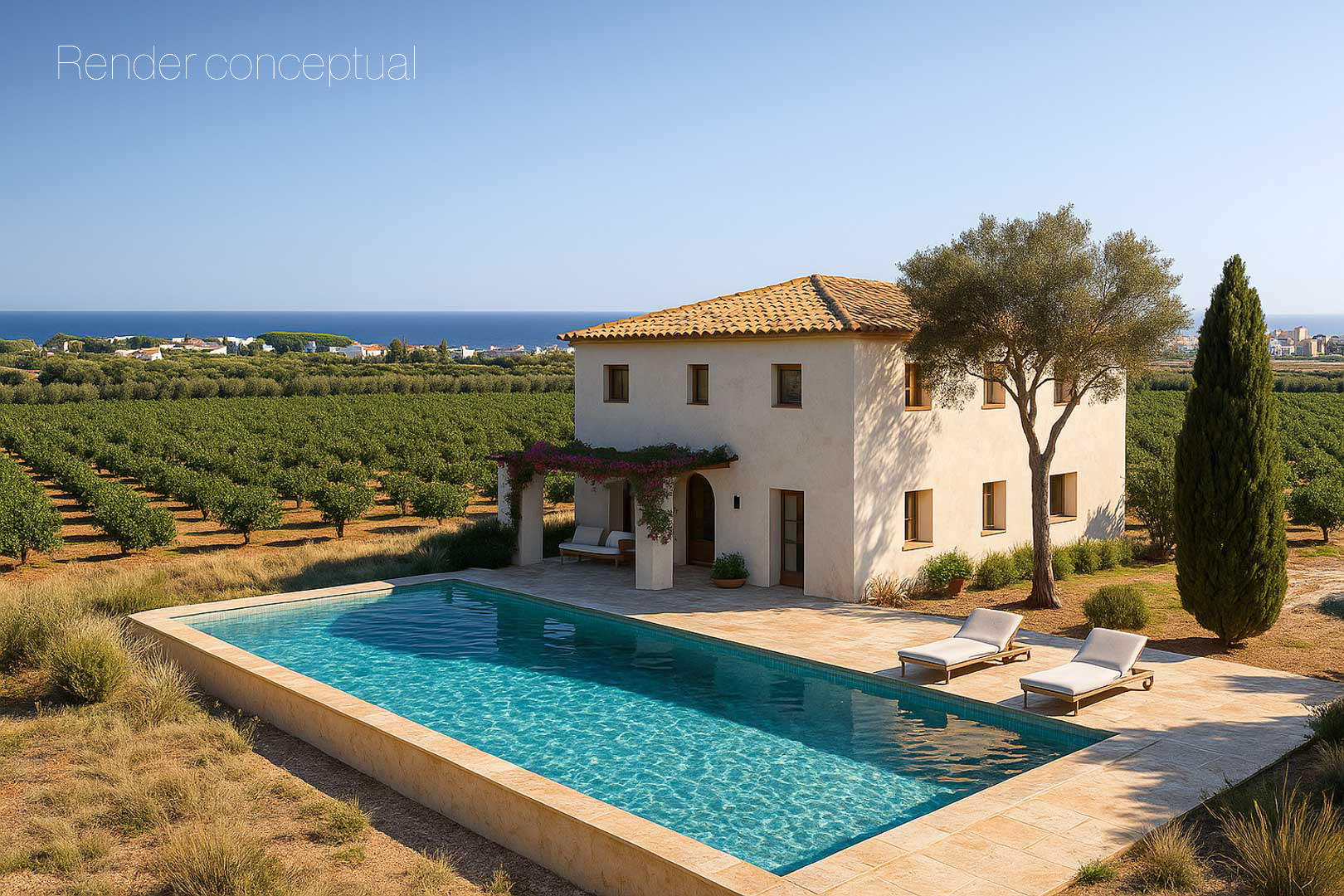 Rendu conceptuel d'une maison méditerranéenne avec piscine, terrasse en pierre et vue dégagée sur les vergers et la mer à l'horizon.