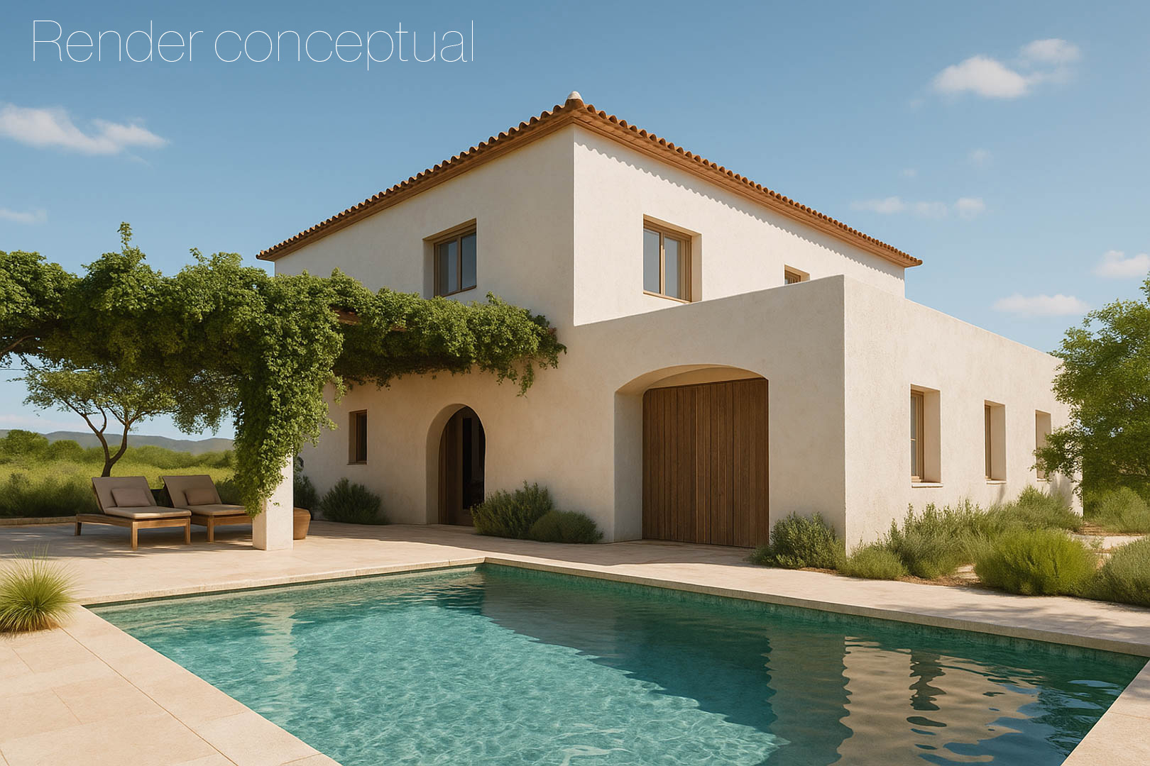 Rendu conceptuel d'une villa méditerranéenne avec façade claire, piscine rectangulaire et pergola végétalisée sur un terrain plat et ensoleillé.