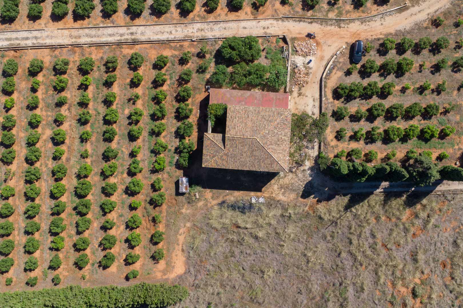 Vue aérienne zénithale de la maison de campagne avec sa toiture en tuiles traditionnelles, entourée de rangées de cultures sur une vaste parcelle plane.