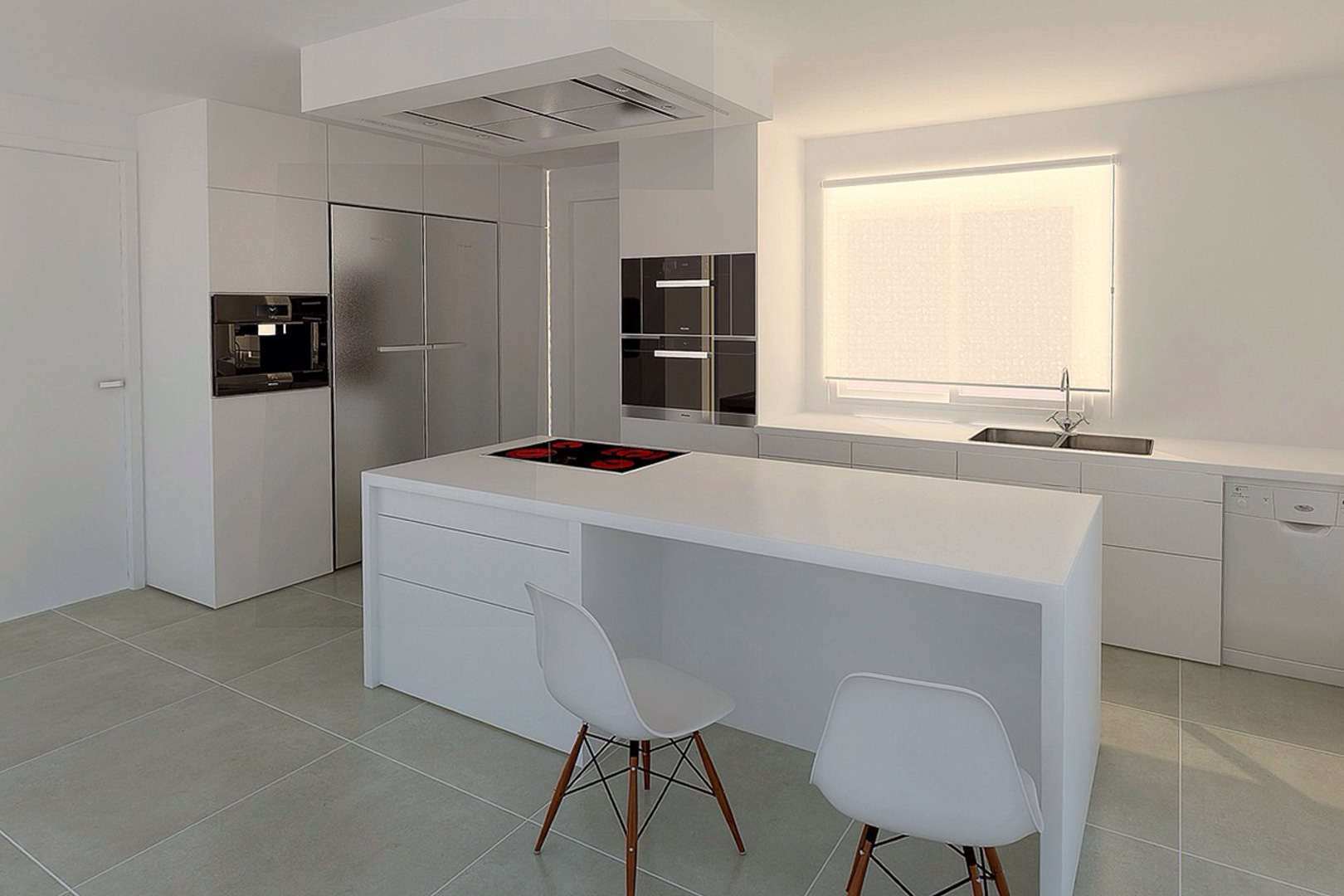 Cuisine moderne minimaliste avec îlot central, plaque à induction et appareils électroménagers haut de gamme intégrés dans un espace blanc épuré.