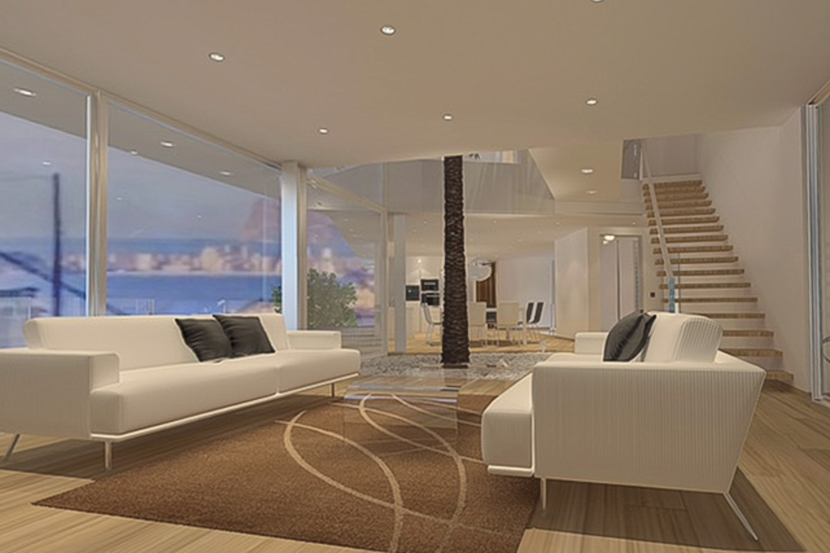 Espace de vie ouvert avec baies vitrées toute hauteur, vue sur mer, parquet et un atrium central avec palmier intégrant un éclairage encastré.