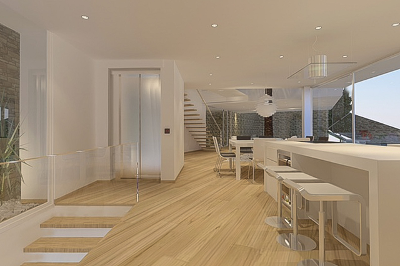 Espace de vie ouvert avec cuisine moderne, ascenseur vitré et escalier flottant en bois. Les murs en pierre naturelle et les finitions épurées soulignent le design contemporain.
