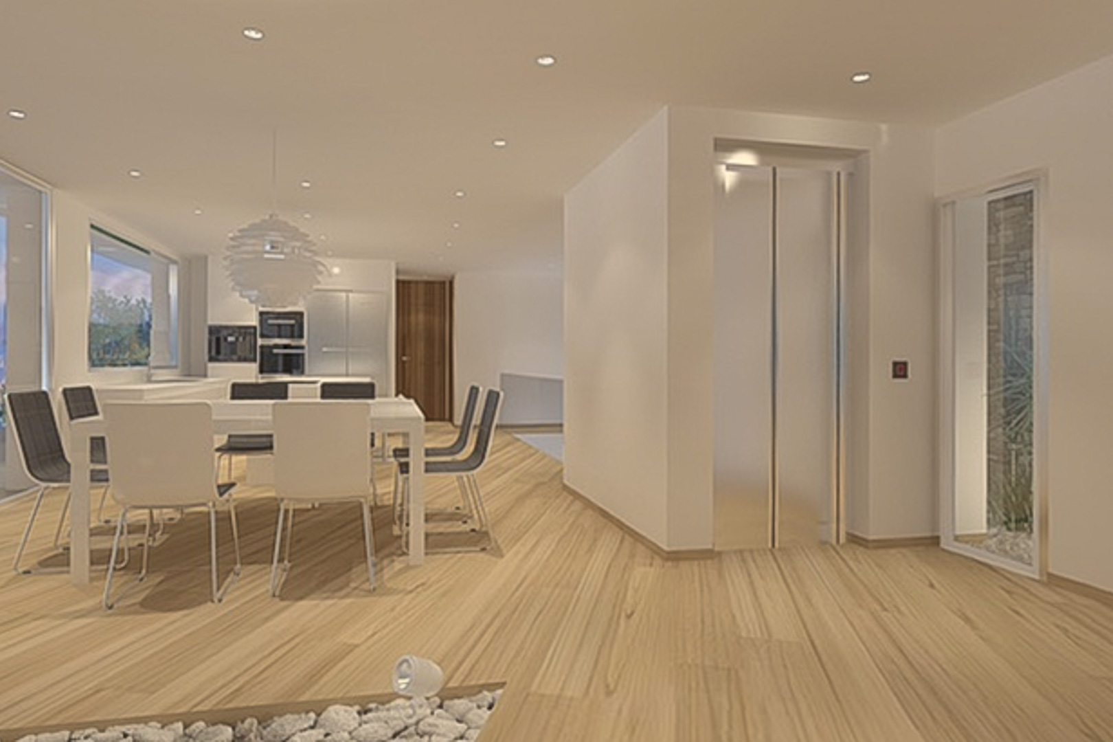 Espace de vie ouvert avec parquet clair, spots encastrés et ascenseur privé. Comprend une salle à manger moderne et une cuisine intégrée aux finitions en inox.