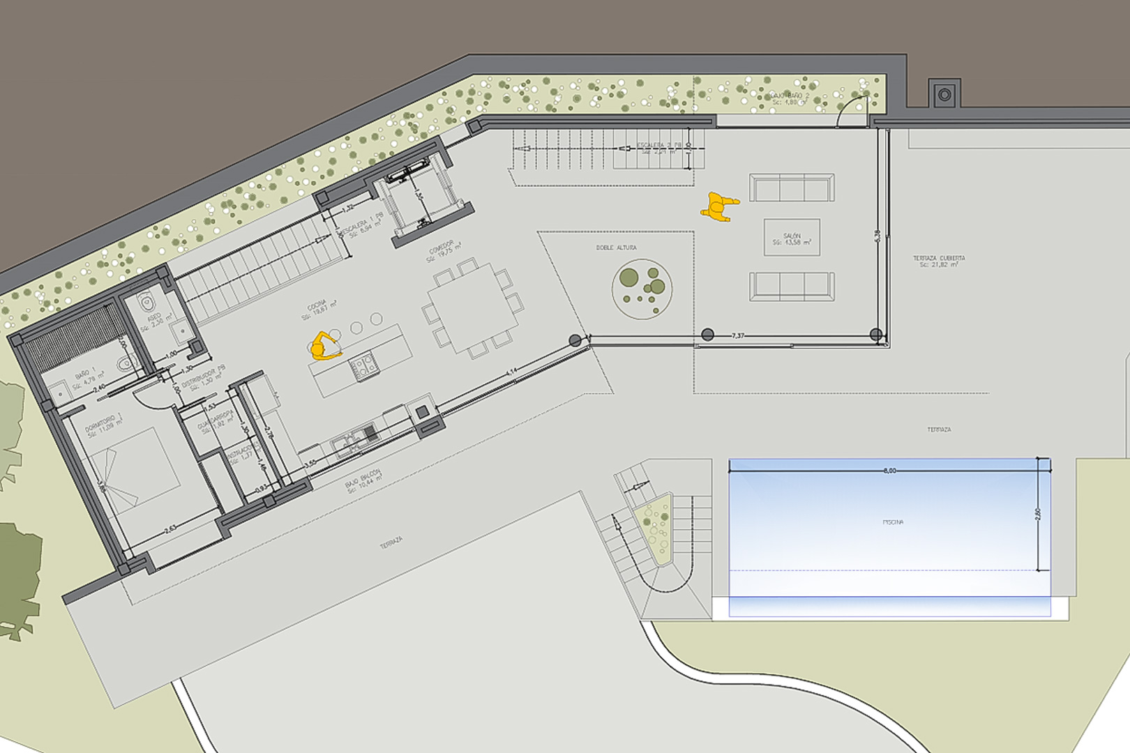 Plan d'architecte détaillé du rez-de-chaussée illustrant un espace de vie ouvert, une cuisine avec îlot, une chambre en suite et une terrasse spacieuse avec piscine.